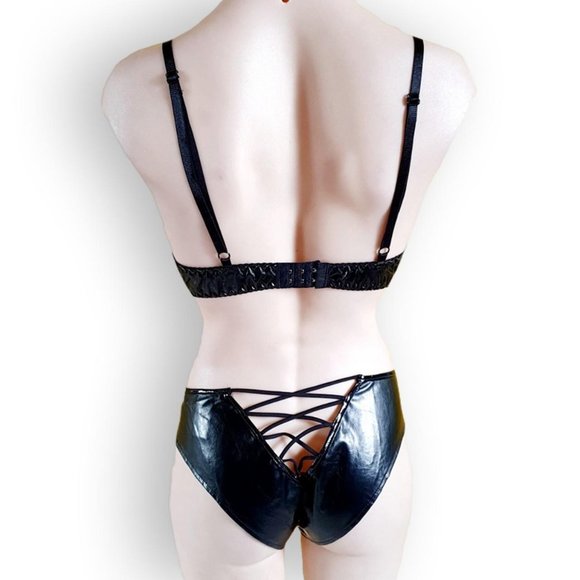 Black stretch lace + PVC two piece lingerie bra /bralette + underwear set OS - Picture 4 of 5